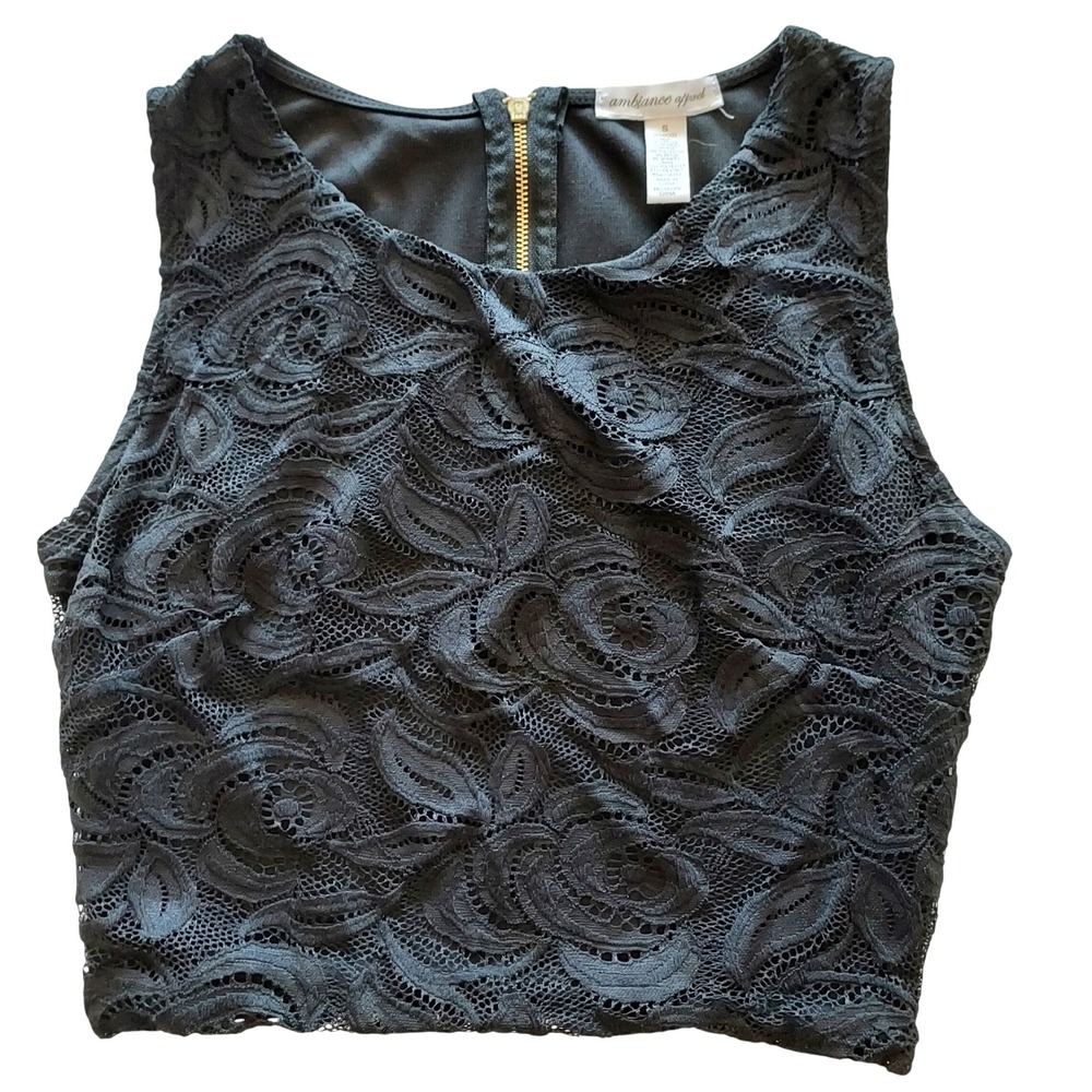 Womens S Black Floral Lace Crop Top Whimsigoth Gold‎ Zip Y2K Club Chic Edgy